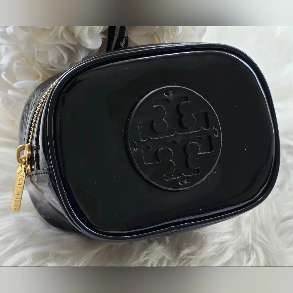 Tory Burch Black Patent Leather Cosmetic Bag Case Pouch